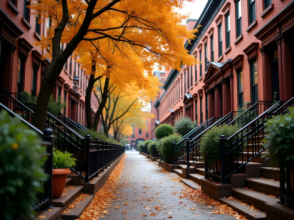 Charming West Village street with brownstones and fall foliage in New York City