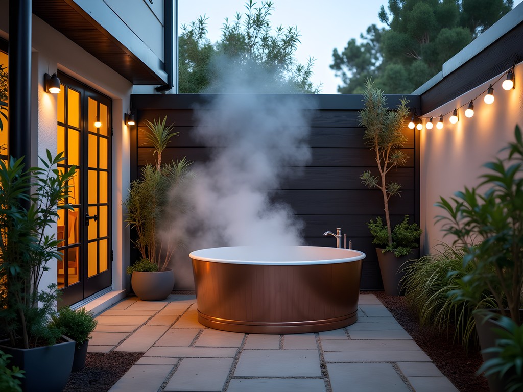 Outdoor copper soaking tub in the private courtyard of The Harbour Foreshore Cottage