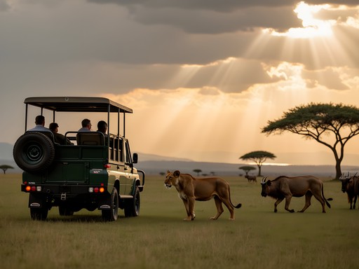 Safari vehicle viewing lions and wildebeest on Ngorongoro Crater floor with dramatic clouds