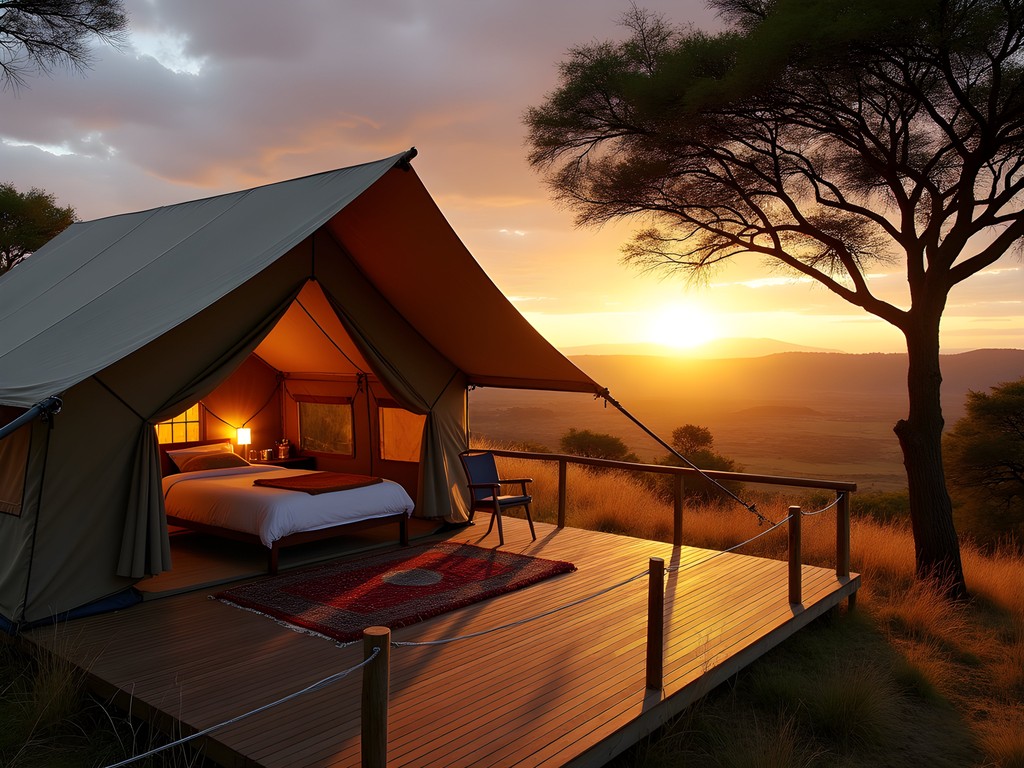 Luxury safari tent at Sanctuary Ngorongoro Crater Camp with sunset view over crater