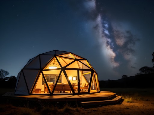 Geodesic dome suite at The Highlands Ngorongoro at night with starry sky