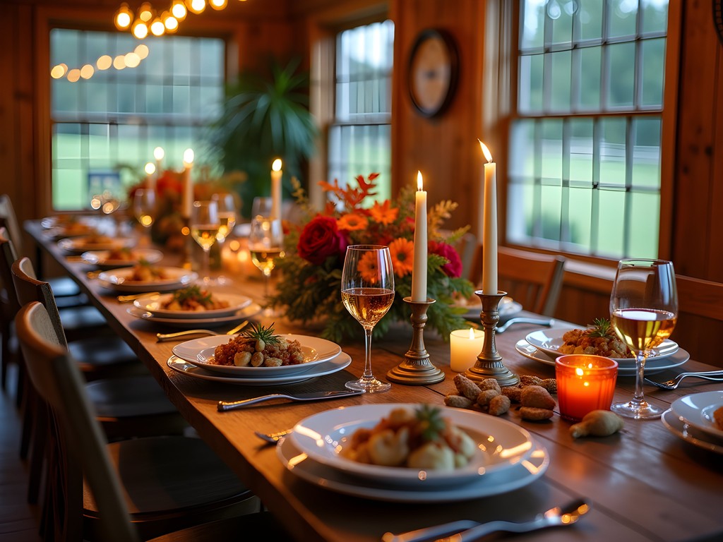 Elegant farm-to-table dinner setting on Kentucky estate with candles and fall decor