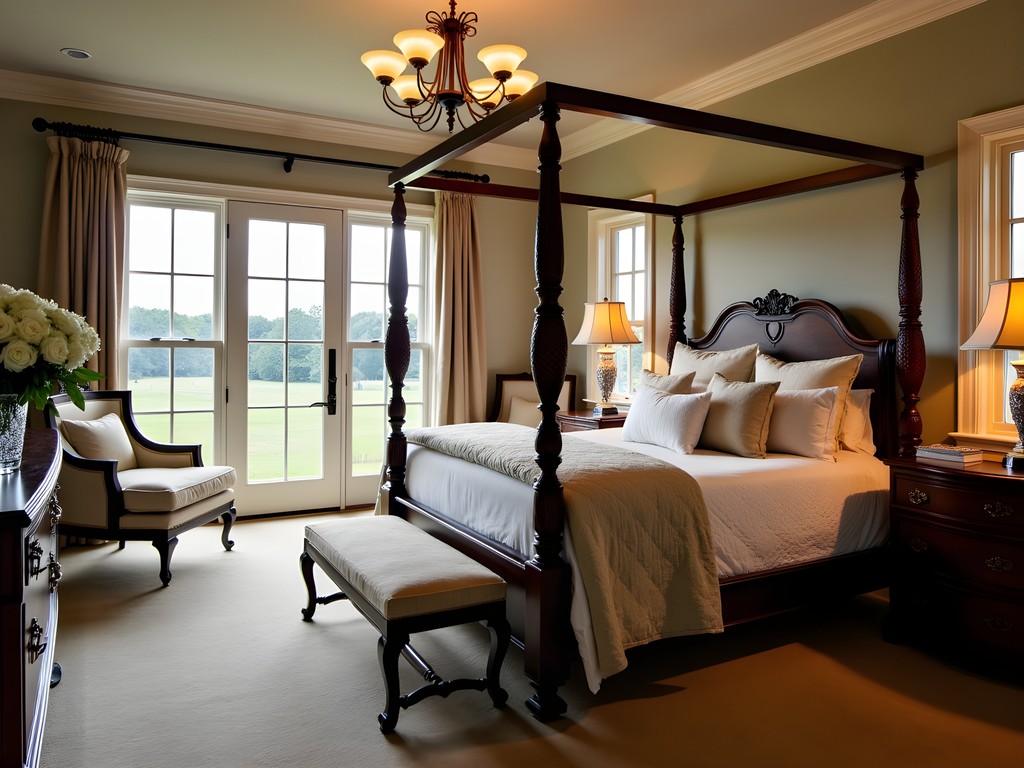 Elegant four-poster bed in luxury estate accommodation overlooking Kentucky horse pastures
