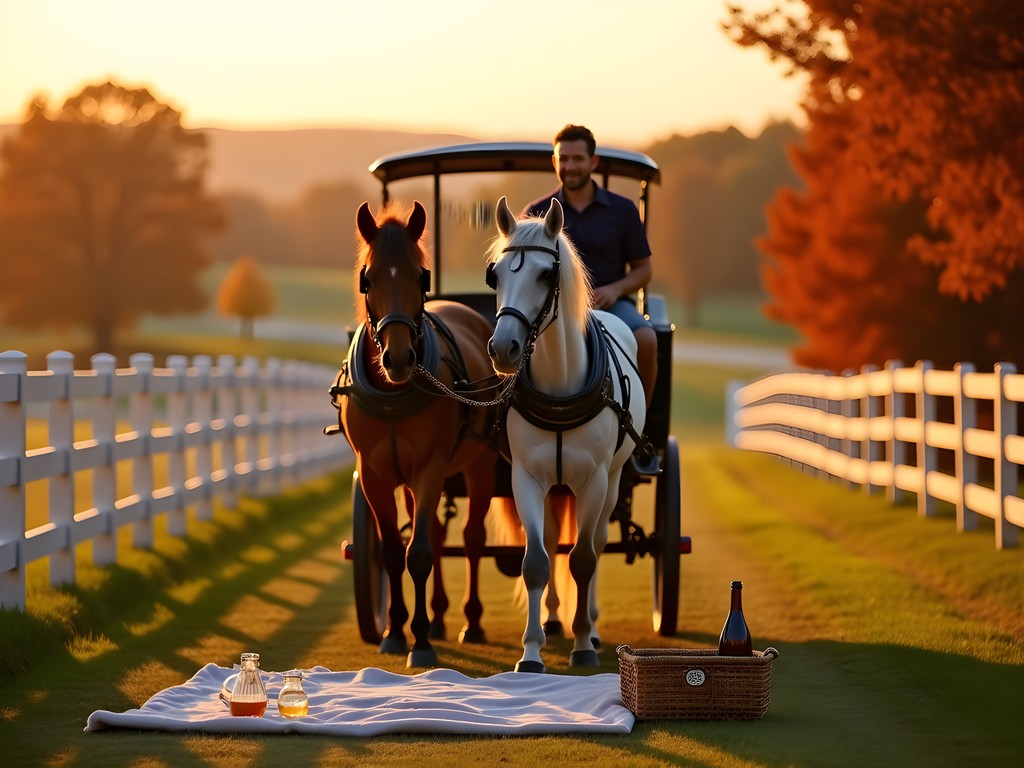 Couple enjoying private horse-drawn carriage ride through Kentucky estate at sunset