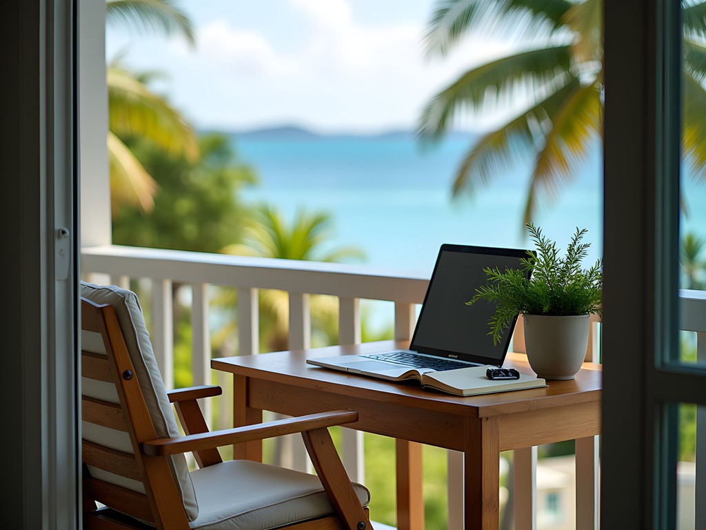 Balcony workspace setup at Oistins accommodation with ocean view