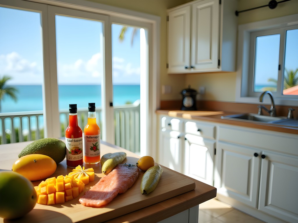 Bright apartment kitchen in Oistins with local Bajan ingredients