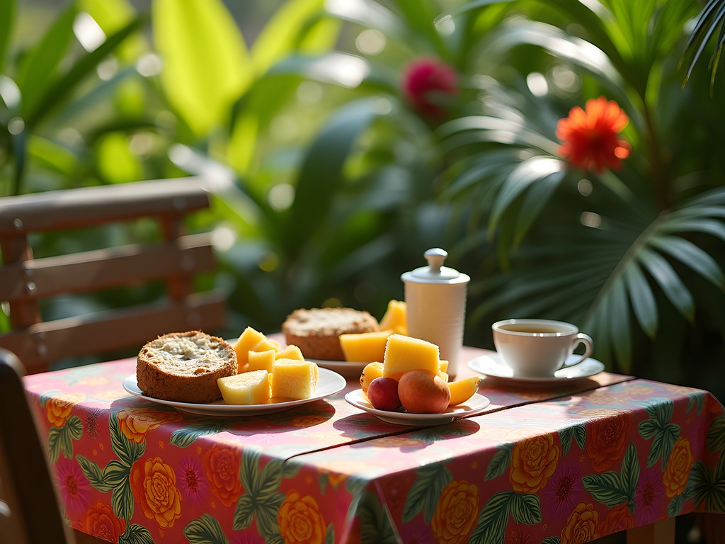 Tropical garden breakfast setting at budget guesthouse in Oistins Barbados