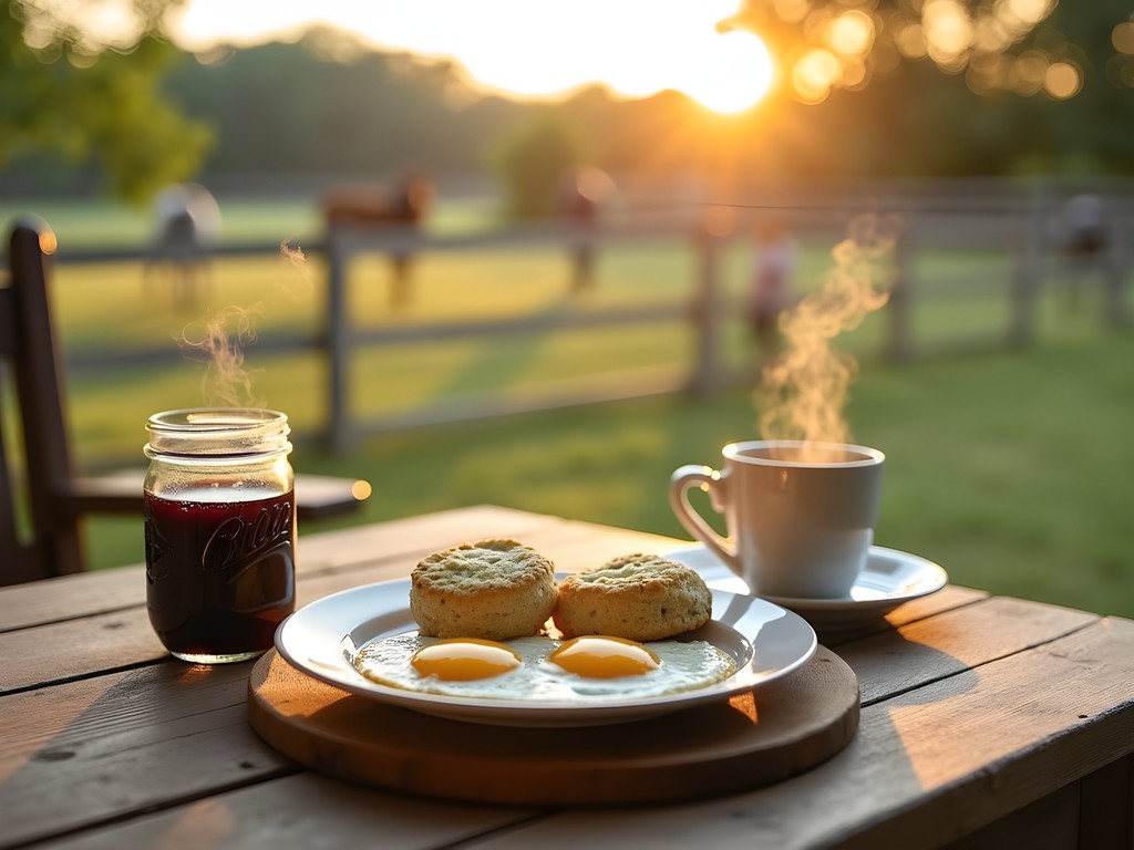 Woman enjoying farm-fresh breakfast on private patio with views of Mississippi countryside