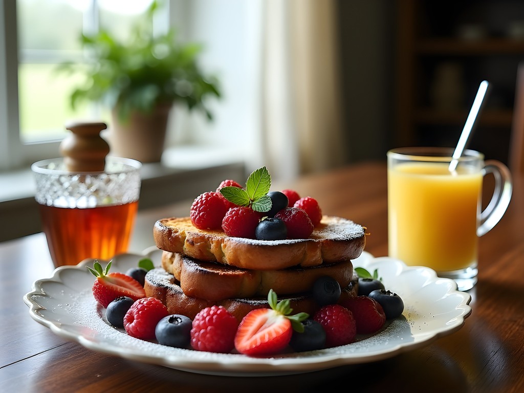 Gourmet breakfast spread with sourdough French toast, fresh berries, and local honey at The Olive & Vine Guesthouse