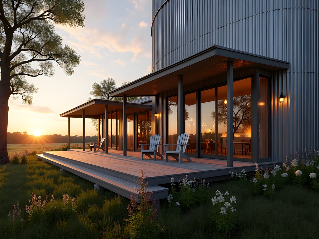 Converted grain silo accommodation with modern glass additions and private patio overlooking farmland at Riverwind Farm in Olive Branch, Mississippi
