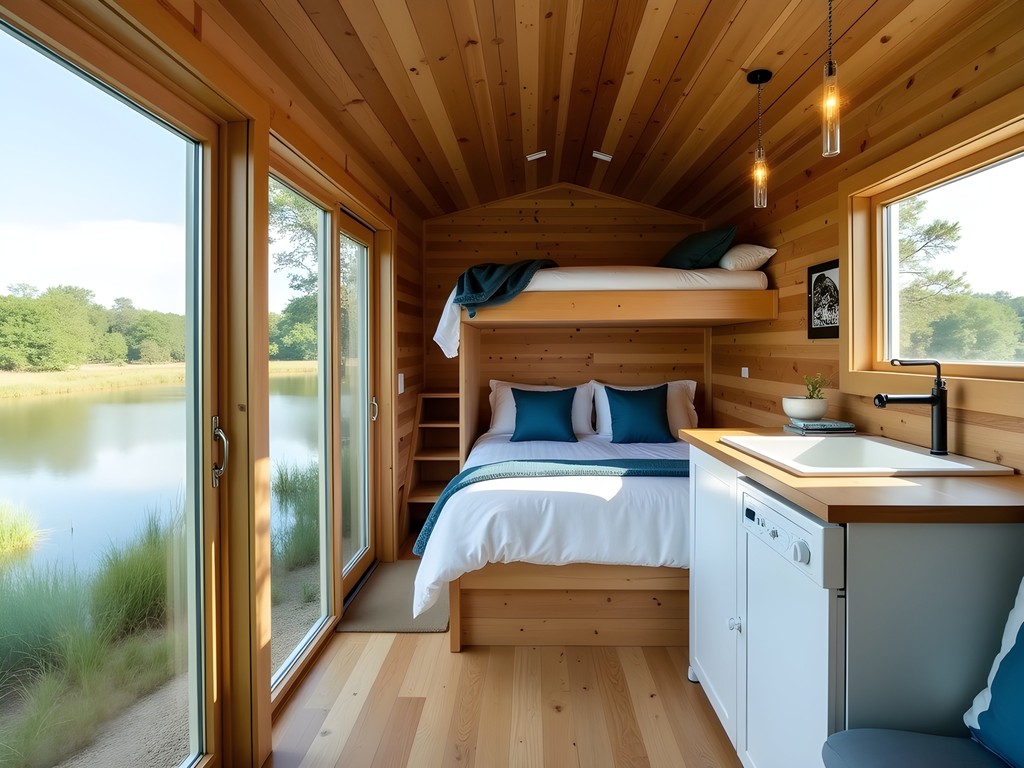 Interior of 'The Magnolia' tiny house showing clever space-saving design and large windows overlooking a pond