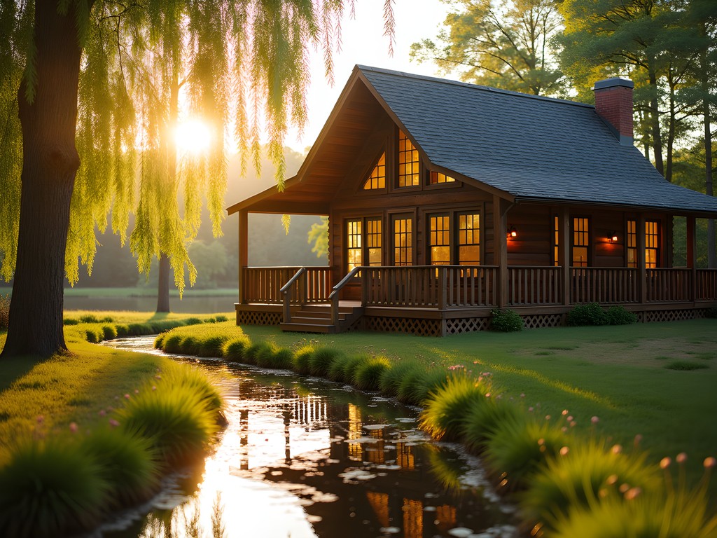 Rustic wooden cottage with large windows and private deck overlooking a small creek at Willow Creek Cottages in Olive Branch, Mississippi