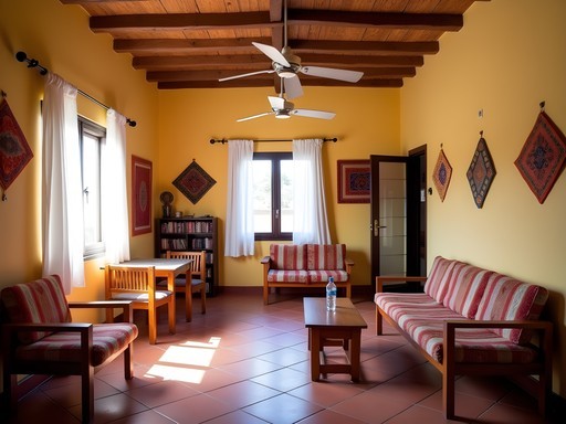 Simple but clean common area in budget guesthouse in Ouagadougou
