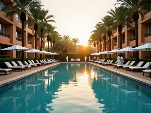 Business hotel swimming pool in Ouagadougou with shaded lounge areas