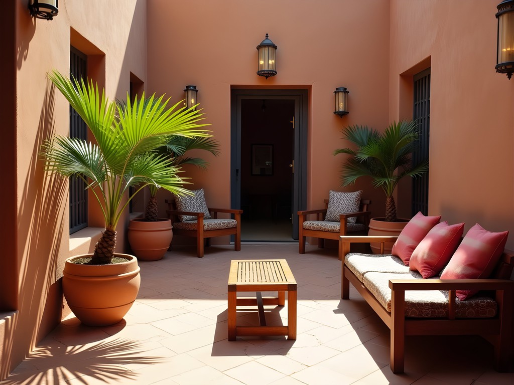 Traditional courtyard of mid-range hotel in Ouagadougou with local architecture