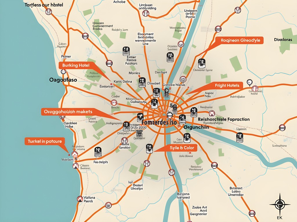 Map highlighting different accommodation districts in Ouagadougou for business travelers