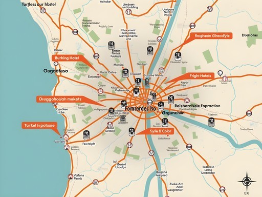 Map highlighting different accommodation districts in Ouagadougou for business travelers