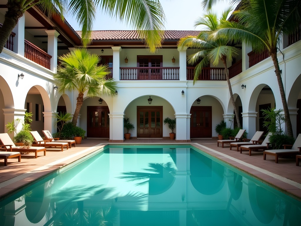 Colonial-style boutique hotel courtyard with swimming pool in Pakse