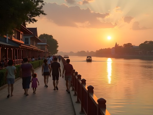 Families watching sunset along Mekong River in Pakse, Laos