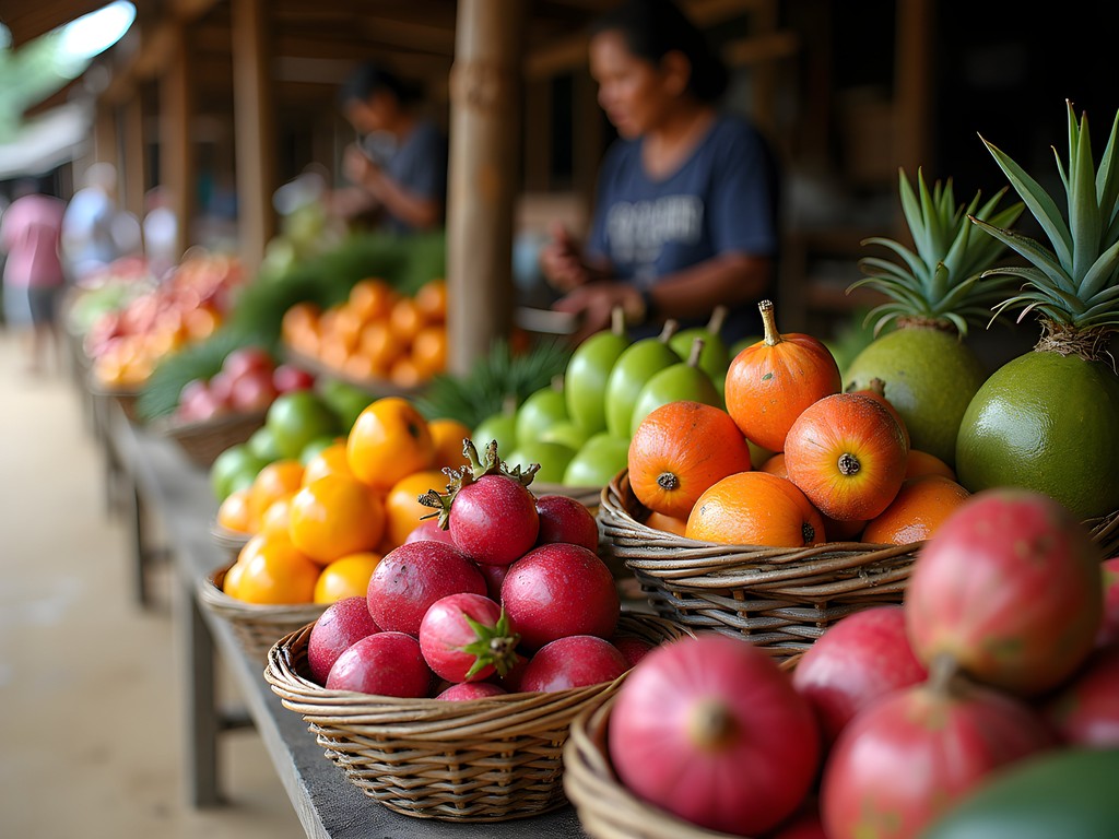 Colorful tropical fruits displayed at Pakse morning market in Laos