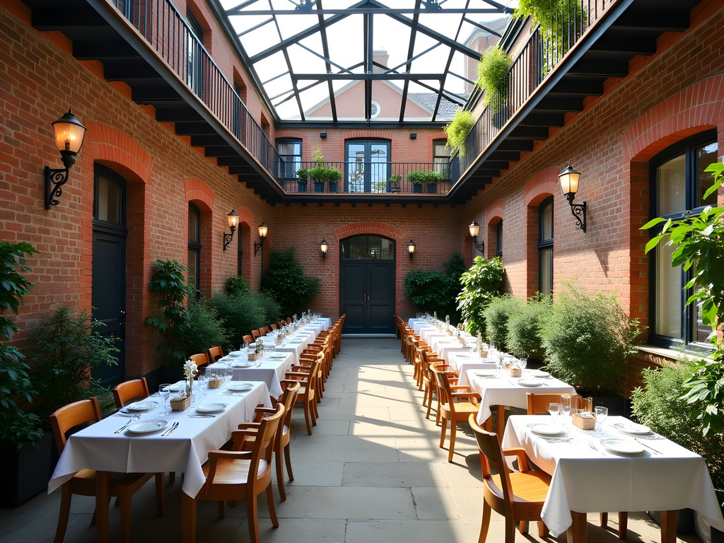 Glass-roofed courtyard breakfast area at Alex Maja boutique hotel in Pärnu