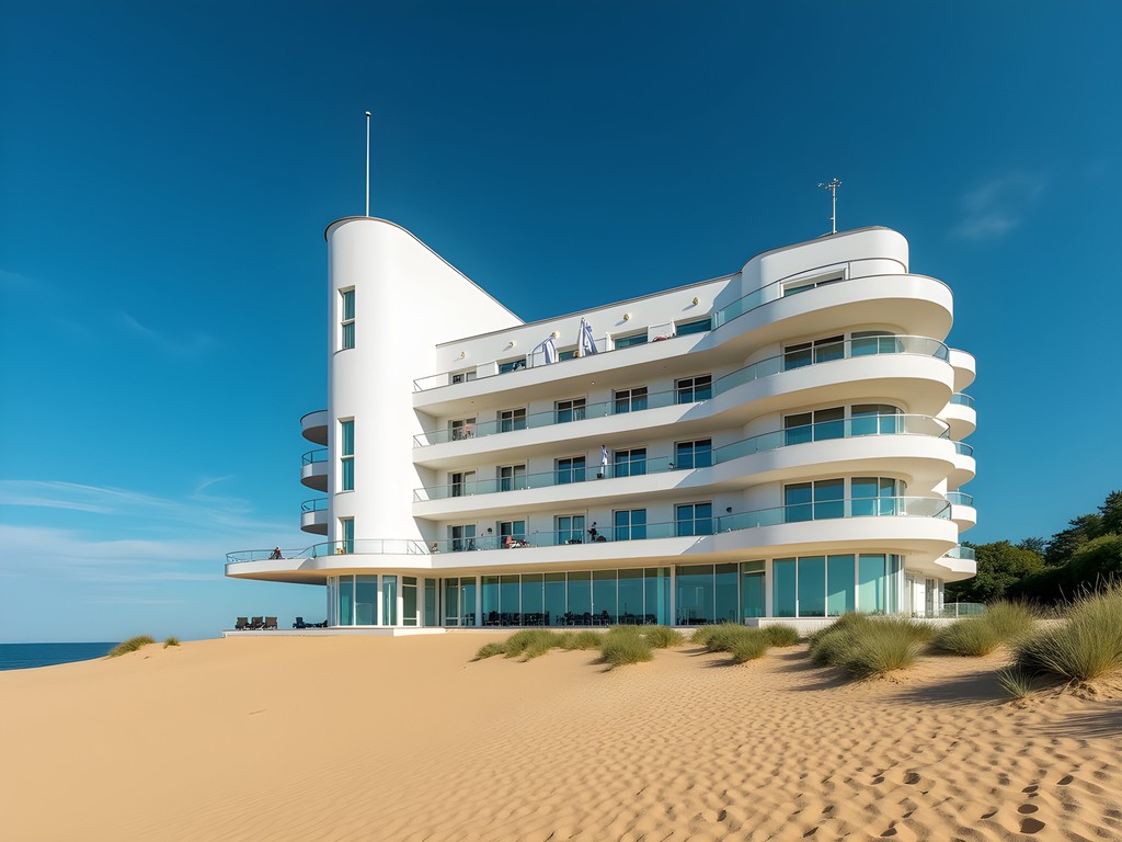 White functionalist architecture of Rannahotell against blue sky with Pärnu beach in foreground