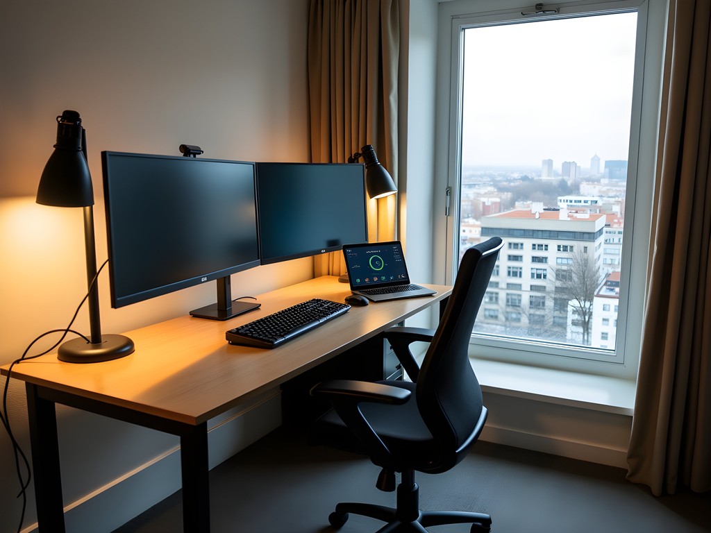 High-tech workspace at The Circuit Hotel in Pawtucket with multiple monitors and professional lighting