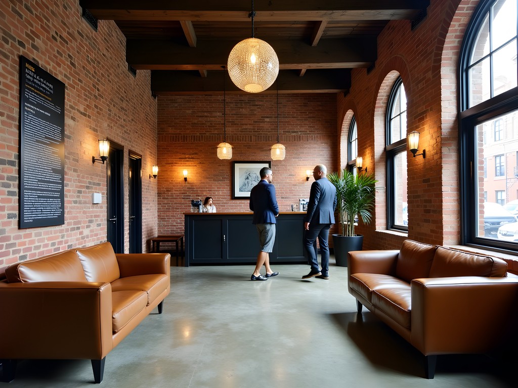 Historic lobby of The Old Slater Mill Hotel with exposed brick and modern furnishings