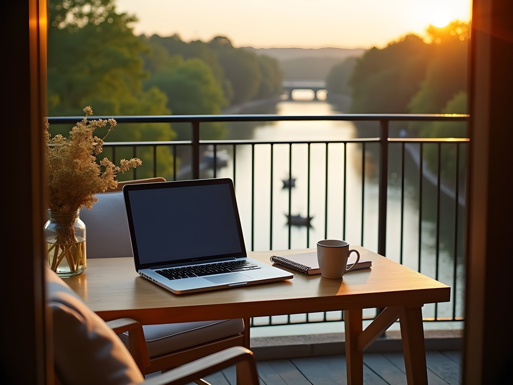 Balcony workspace overlooking Blackstone River at River's Edge Guest House in Pawtucket