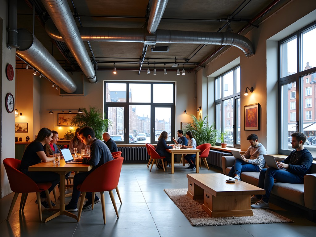 Industrial-style common area in Amsterdam boutique hostel with canal view
