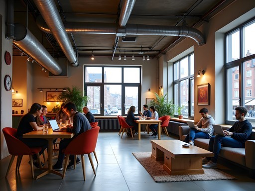 Industrial-style common area in Amsterdam boutique hostel with canal view