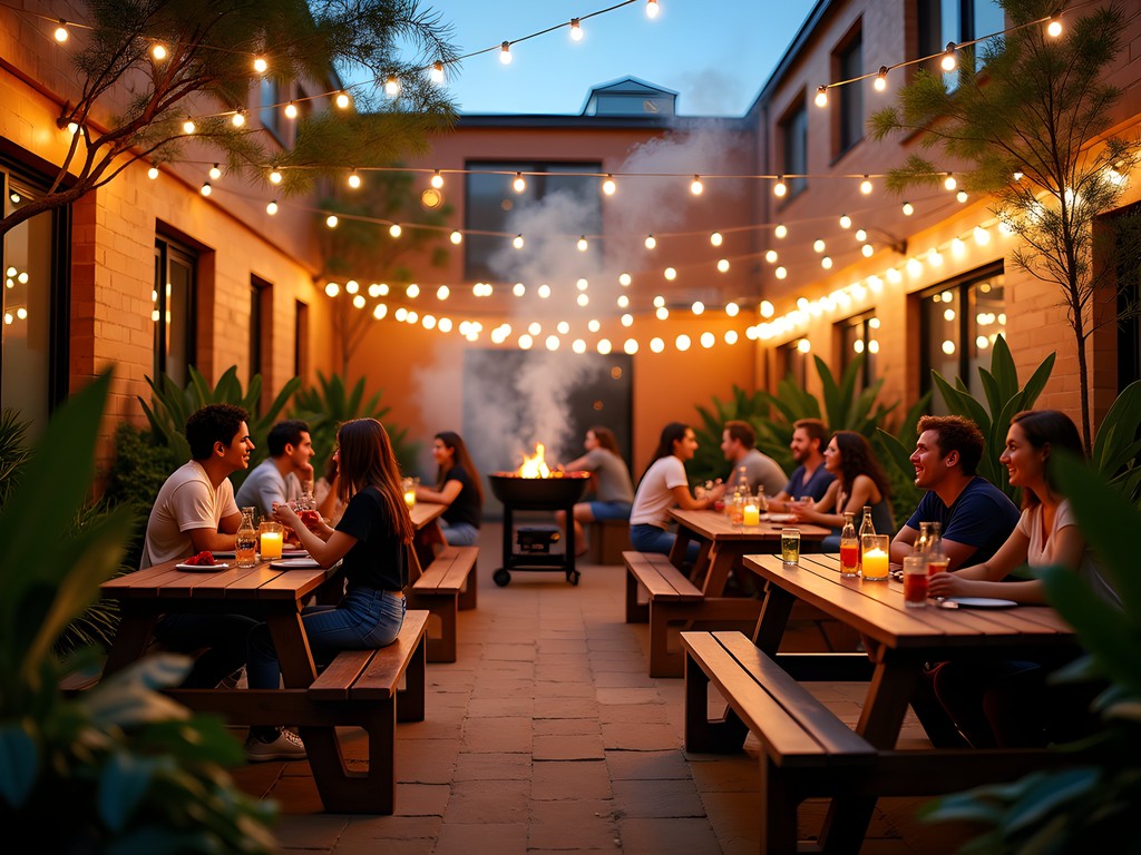 Evening barbecue in Perth hostel courtyard with travelers socializing