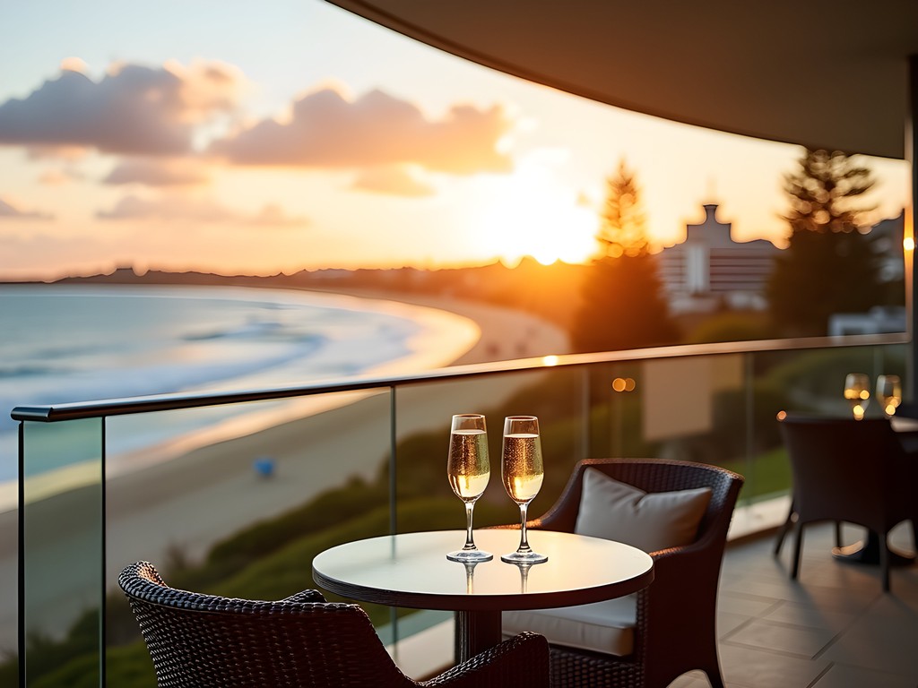 Luxury hotel balcony view of Cottesloe Beach at sunset with golden light on the Indian Ocean