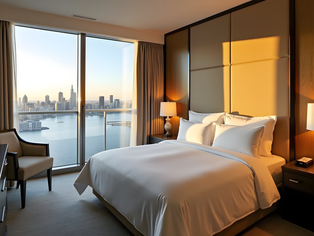 Luxury hotel suite in Perth CBD with floor-to-ceiling windows overlooking the Swan River