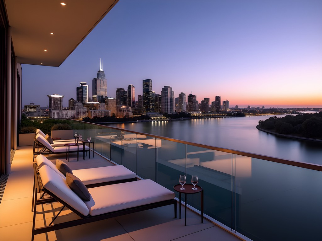 Luxury apartment balcony view of Perth city skyline across Swan River at twilight