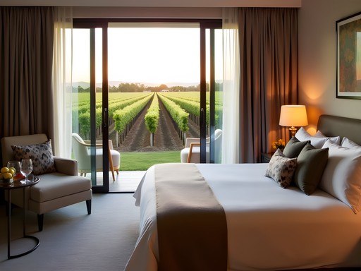 Luxury accommodation suite overlooking Swan Valley vineyards at sunset with private balcony