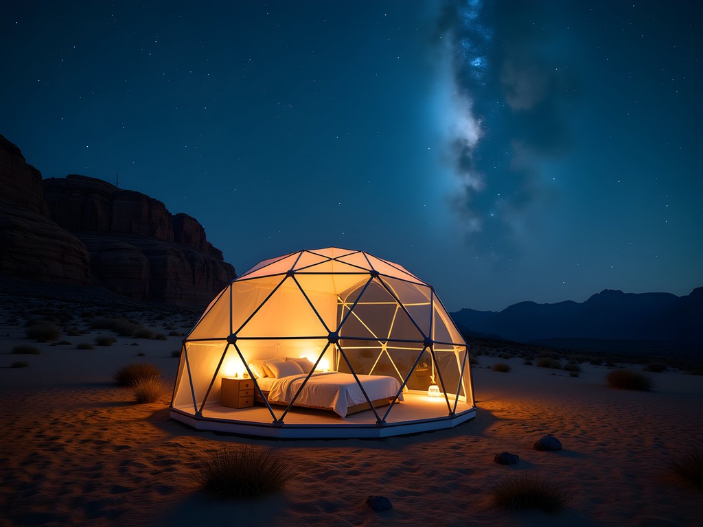 Transparent luxury dome tent accommodations at night with starry sky visible through the roof