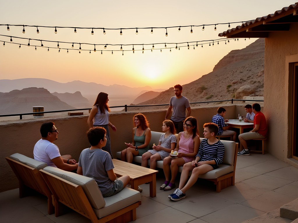 Travelers gathering on the rooftop terrace of Petra Gate Hostel at sunset