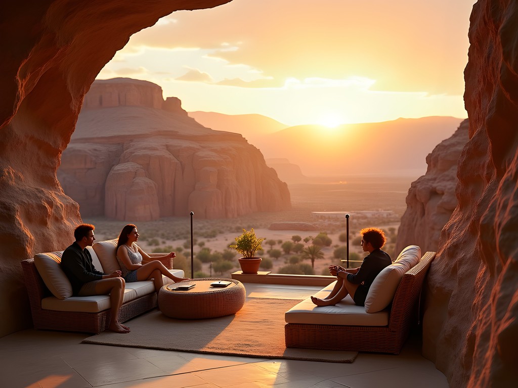 Sunset view from Petra Panorama Hotel terrace overlooking mountains of Wadi Musa