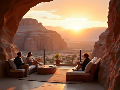 Sunset view from Petra Panorama Hotel terrace overlooking mountains of Wadi Musa