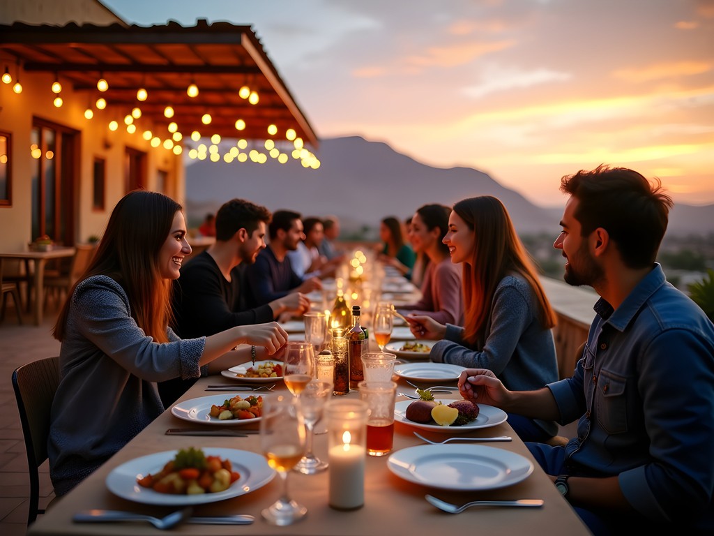 Family-style dinner on rooftop terrace of Rocky Mountain Hotel with mountain views and local Jordanian food