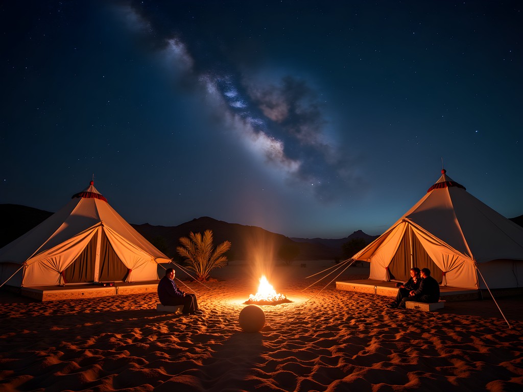 Luxury Bedouin camp in Little Petra with traditional tents under starry night sky