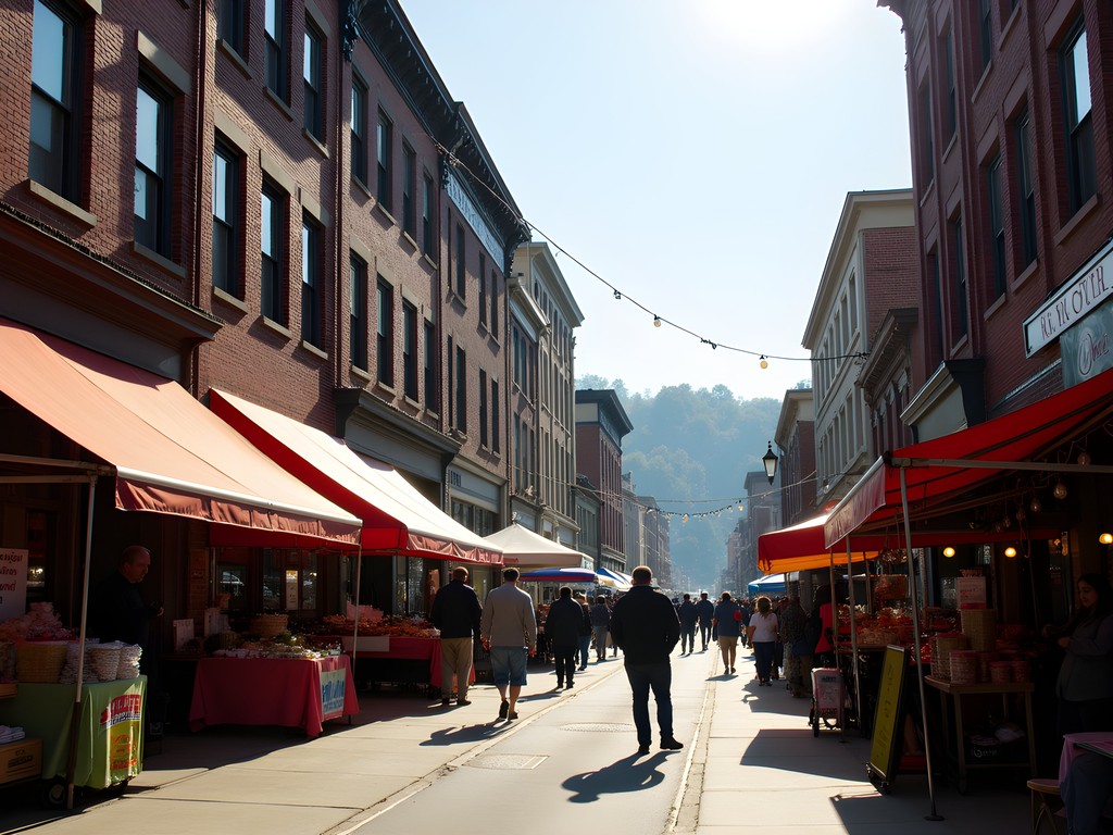Morning scene on Penn Avenue in Pittsburgh's Strip District with historic buildings and market stalls