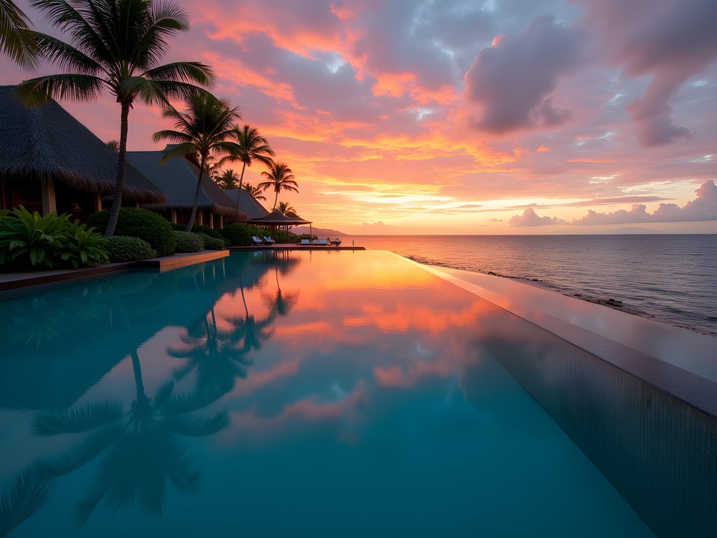 Infinity pool at Breakas Beach Resort overlooking the Pacific Ocean at sunset