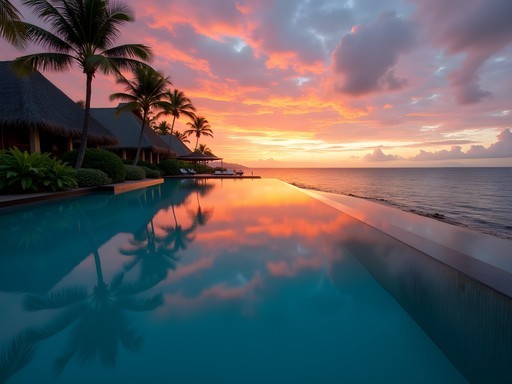 Infinity pool at Breakas Beach Resort overlooking the Pacific Ocean at sunset