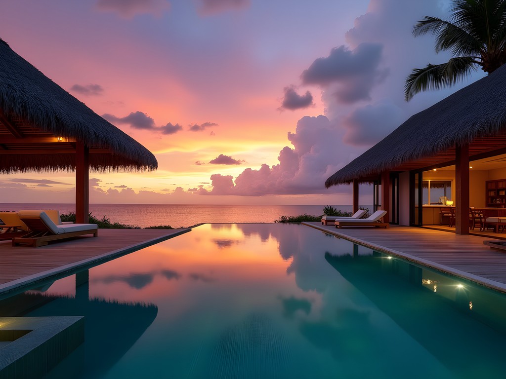 Luxury beachfront villa with private pool at The Havannah Vanuatu during sunset