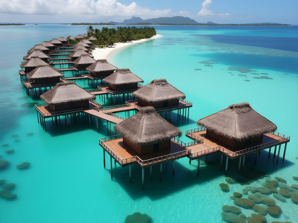 Aerial view of overwater bungalows at Iririki Island Resort with turquoise waters