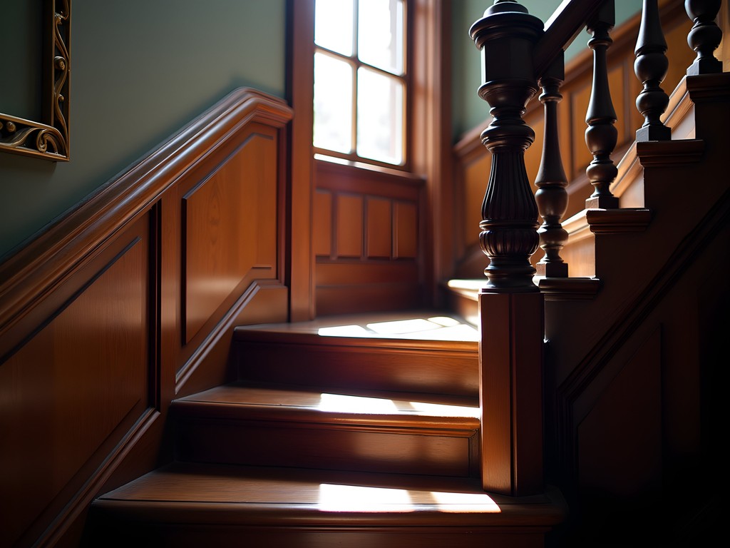 Historic carved wooden staircase at Glencoe Inn Portsmouth Virginia