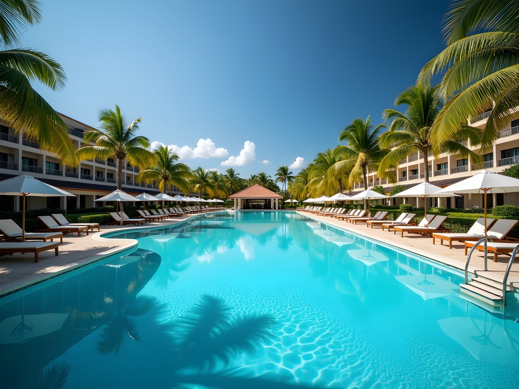 Expansive pool area at an all-inclusive resort in Puerto Plata with palm trees and swim-up bar