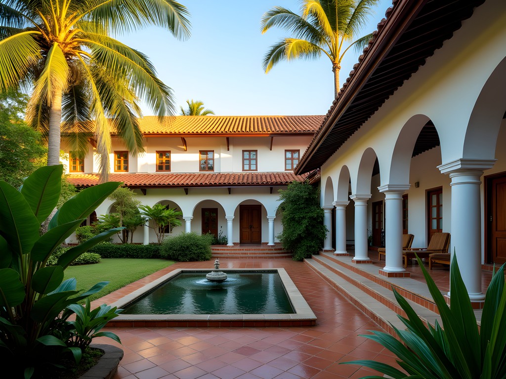 Elegant colonial architecture of a boutique hotel in Puerto Plata with tropical garden courtyard